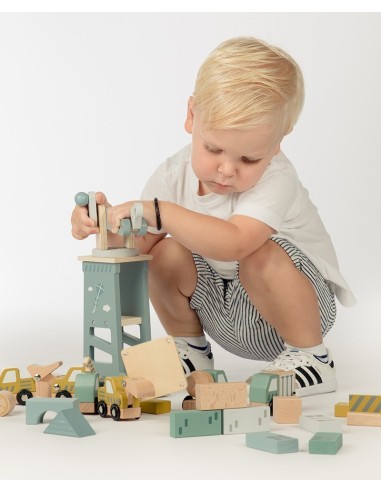 Label Label Drveni set građevinskih vozila sa kranom i blokovima