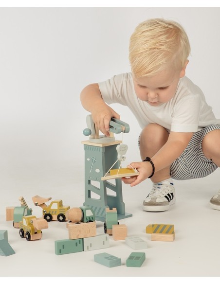 Label Label Drveni set građevinskih vozila sa kranom i blokovima